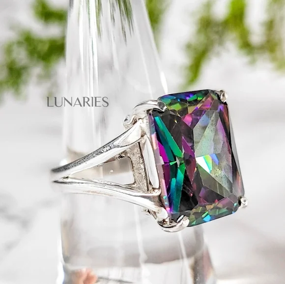 Rainbow Mystic Topaz Ring, 925 Sterling Silver, Emerald-Cut Size 9 - Picture 2 of 10